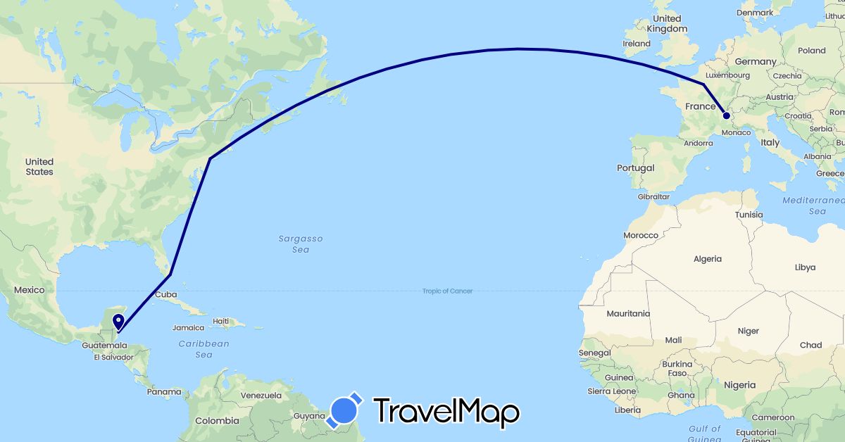 TravelMap itinerary: driving in Belize, France, United States (Europe, North America)